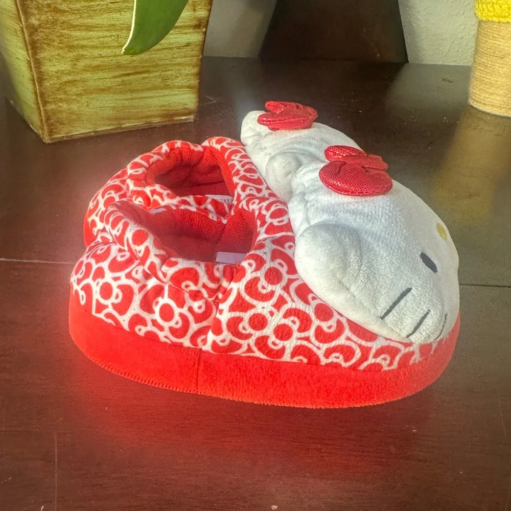 Hello Kitty Red and White Plush Kids Slippers with Bow